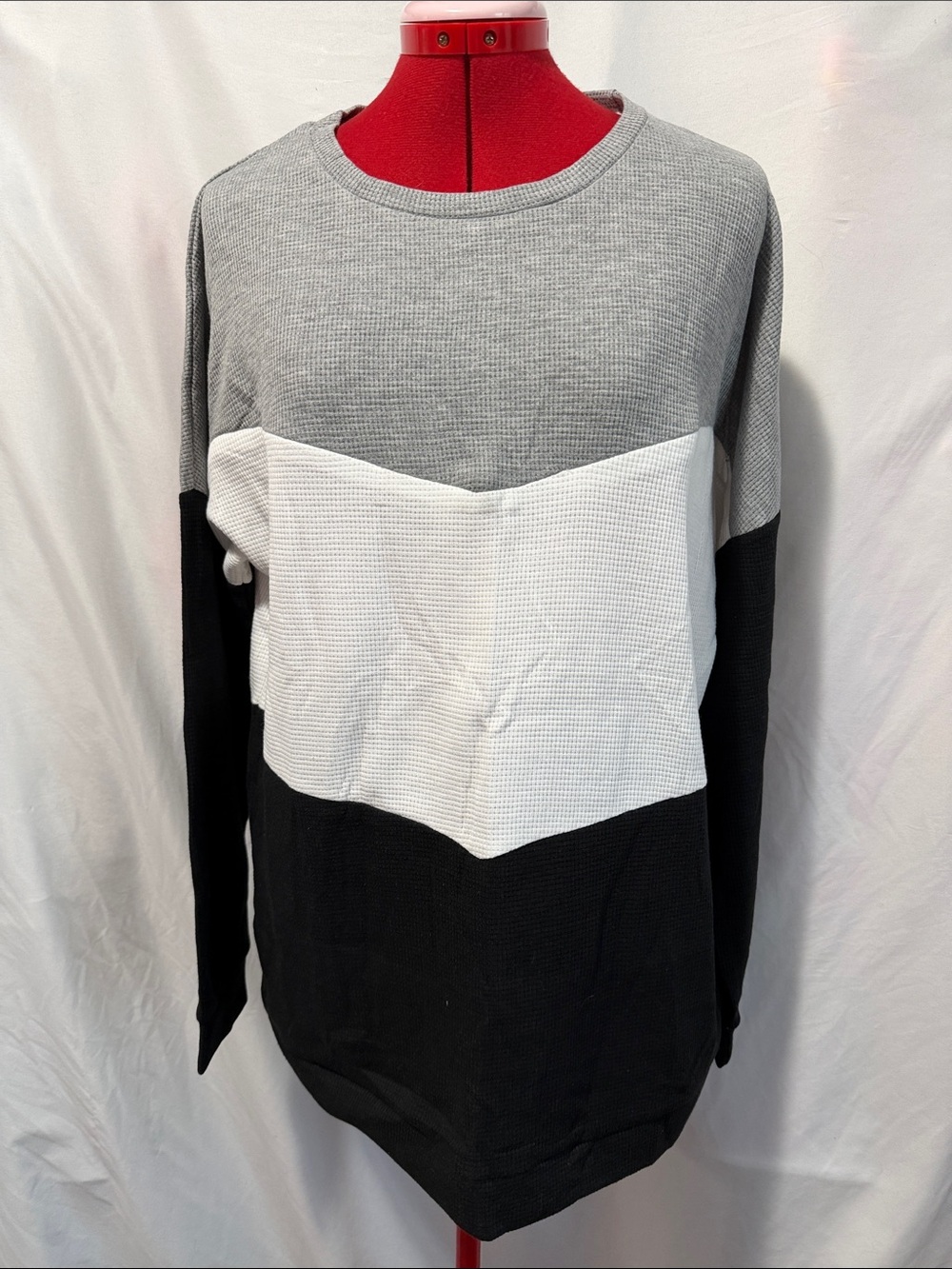 Colorblock Waffle Knit Pullover Sweatshirt - Gray/White/Black